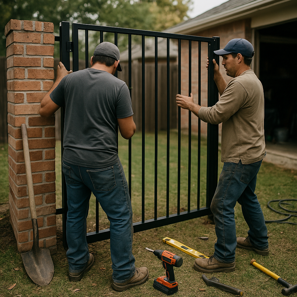 Two men installing a black metal gate onto a brick pillar.