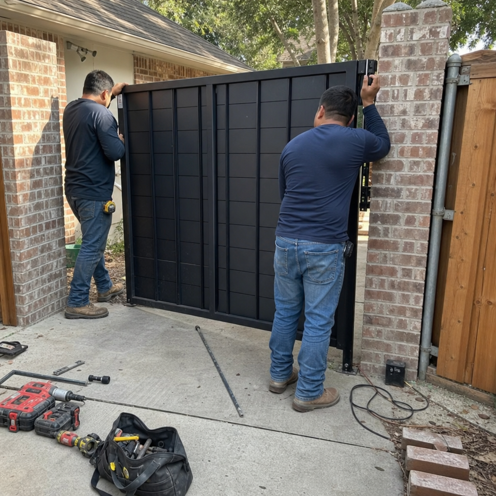 Professional gate installation by two workers on a black metal gate.