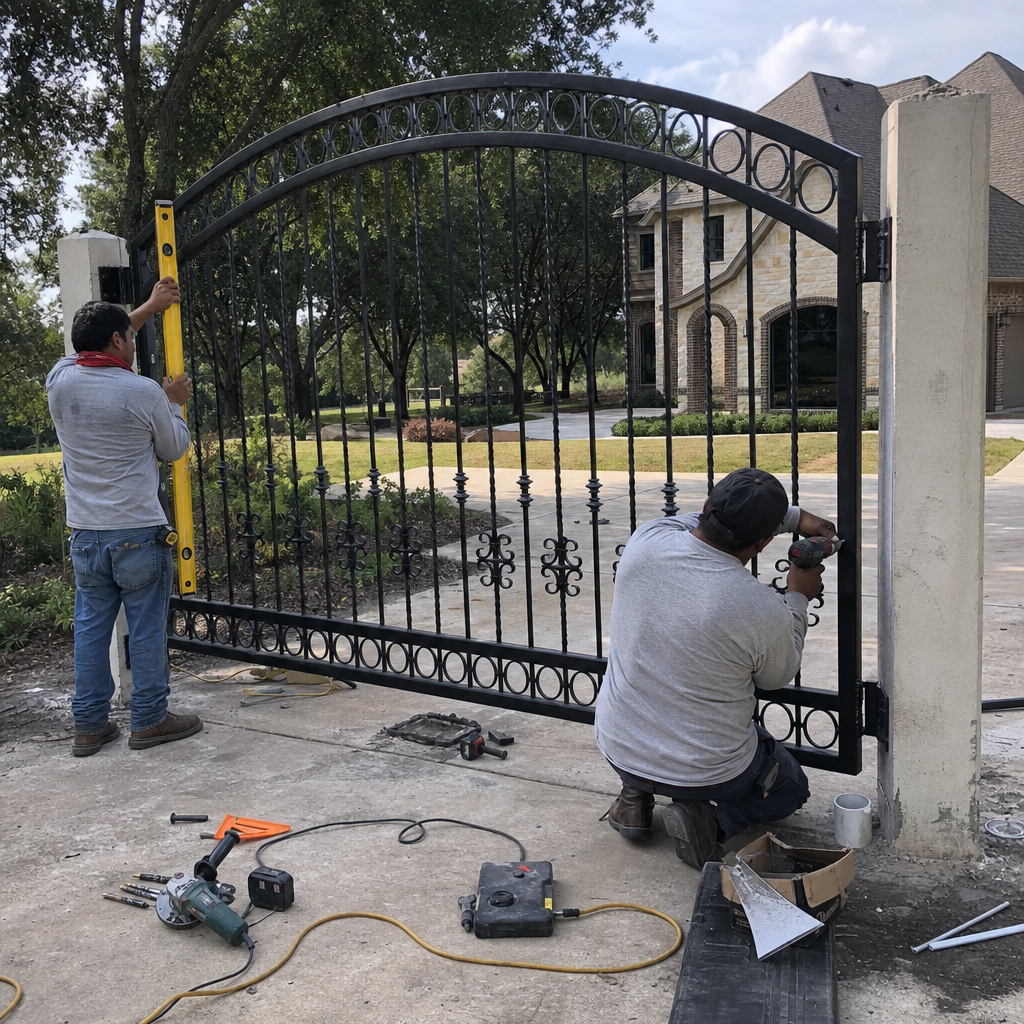 Gate installation professionals working on a large black metal gate.