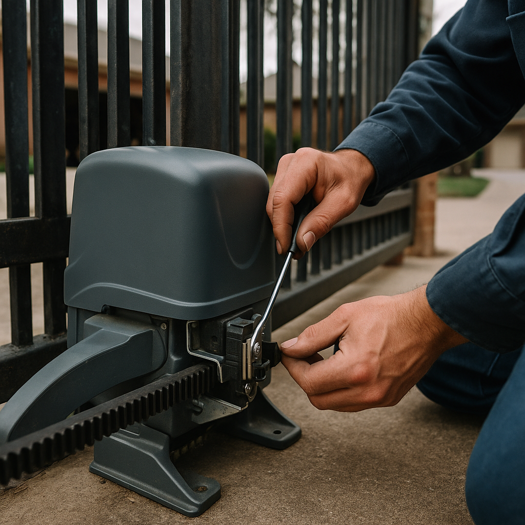 Technician adjusts gate motor and opener with screwdriver for gate repair.