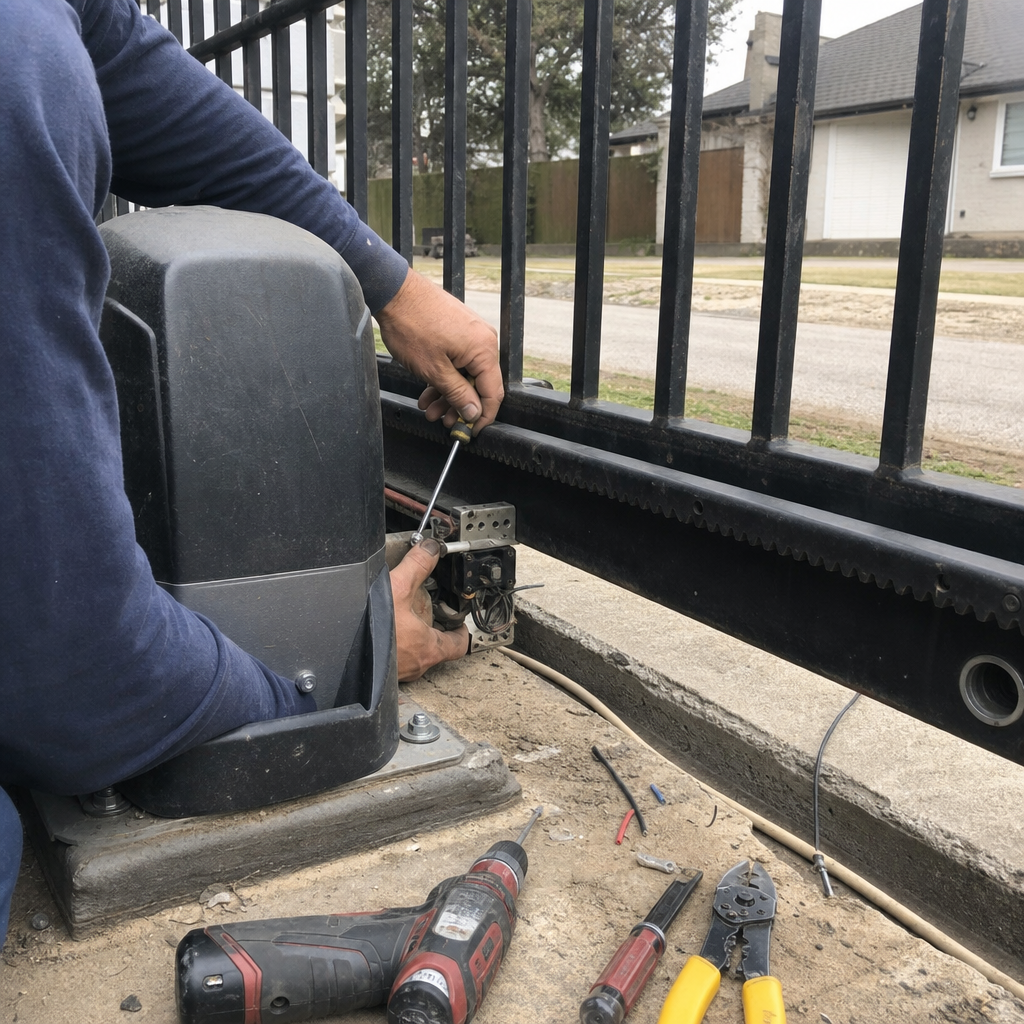 Gate motor and opener repair by a technician with tools.