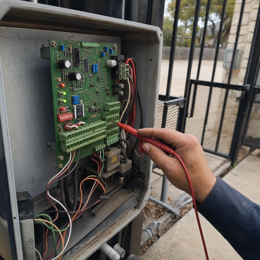 Gate motor circuit board testing by technician