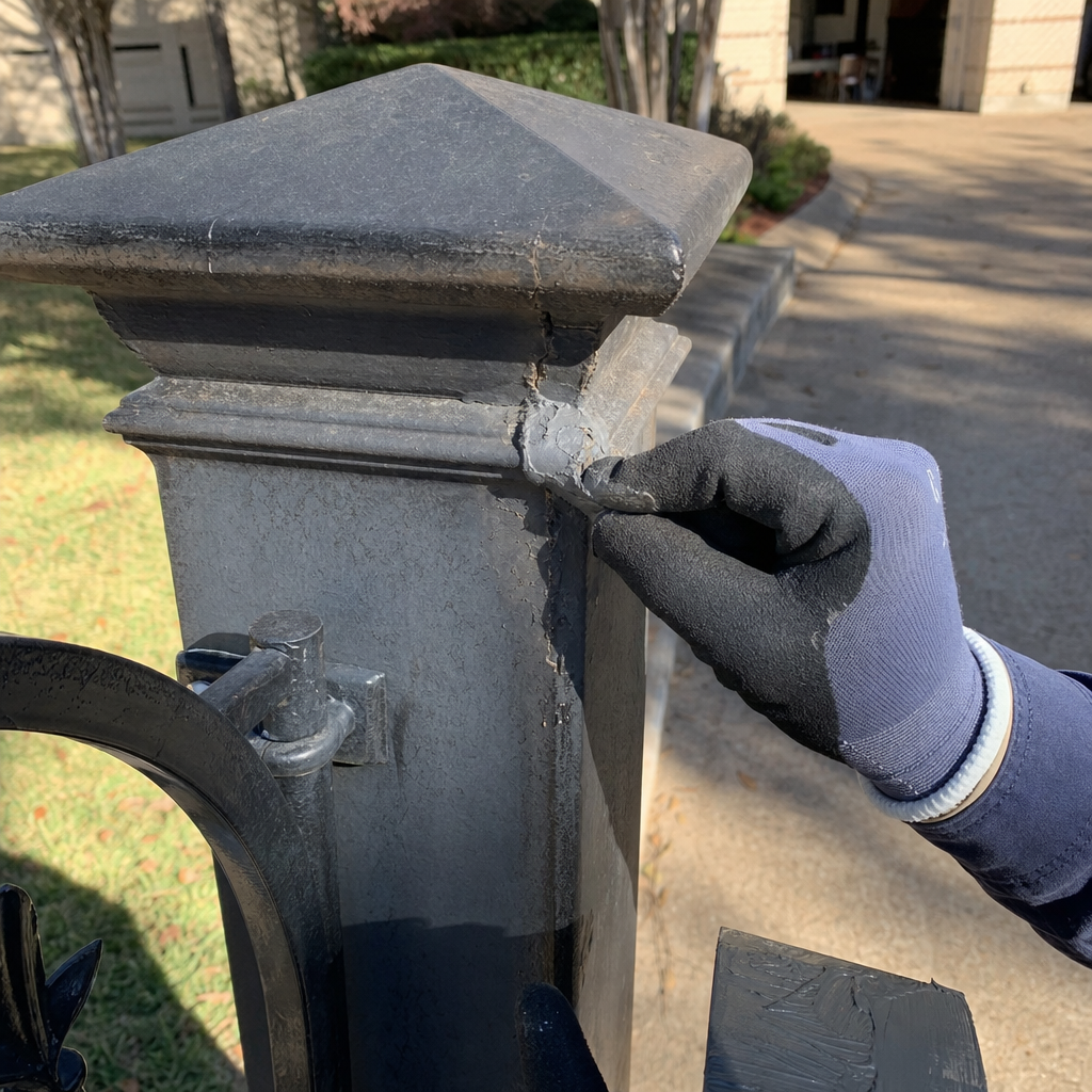 Gloved hand scrapes peeling paint off black gate post during repair