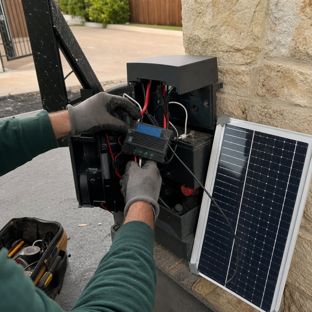 Gate access control system installation with solar panel and wiring in Murphy, TX