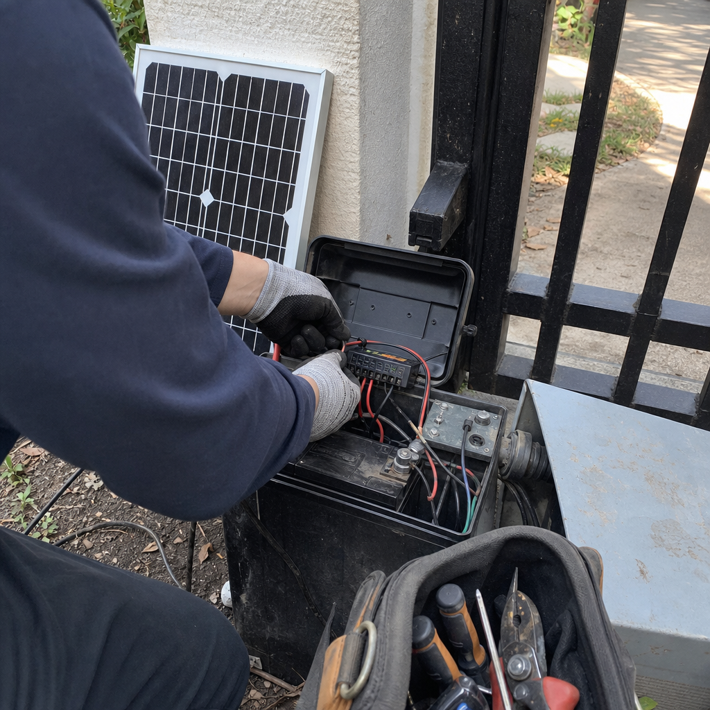 Technician installing gate access control system with solar panel and battery in Plano, TX