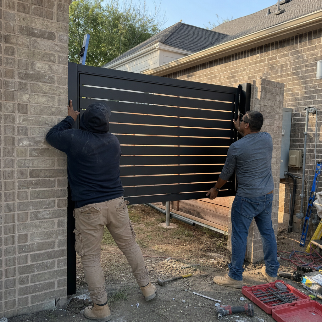 Professional gate installation of a black slatted gate between brick pillars