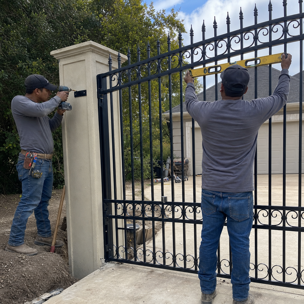 Gate installer levels gate during professional gate installation