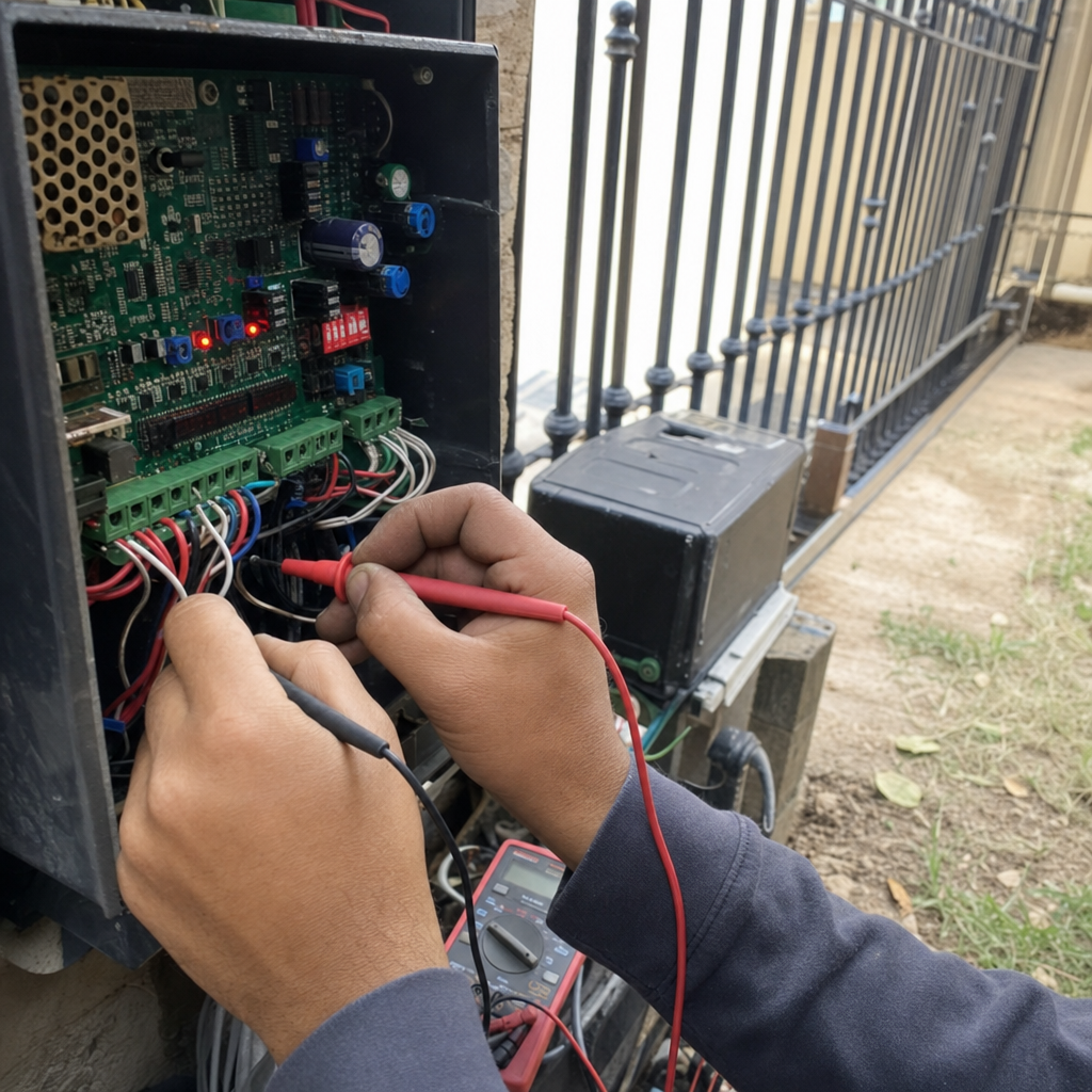 Technician tests gate motor and opener wiring with a multimeter