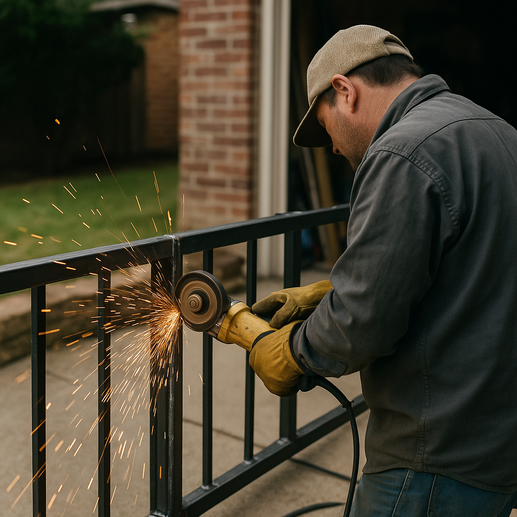 Gate parts and welding, craftsman using angle grinder on metal gate in Plano, TX