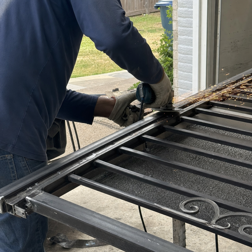 Craftsman welding metal gate parts with angle grinder in Murphy, TX