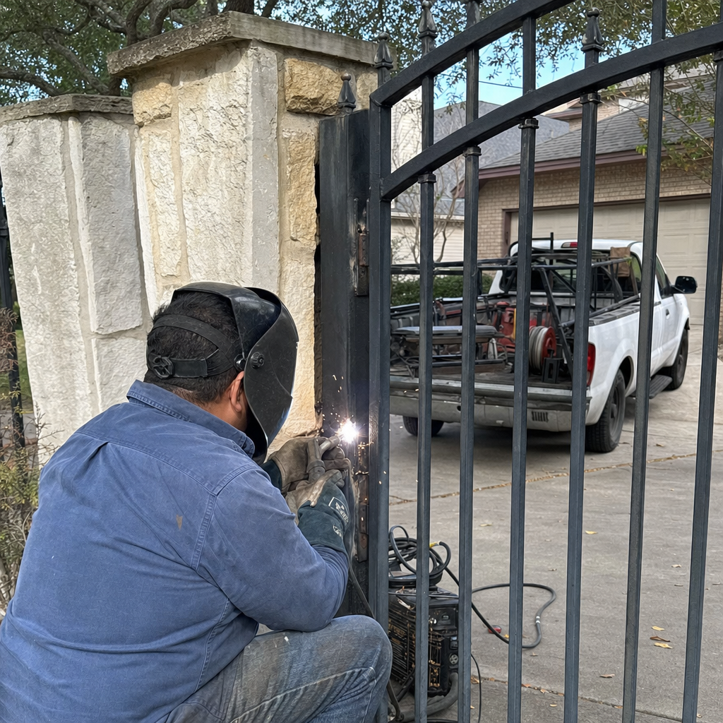 Professional welder repairs a wrought iron gate with sparks flying.