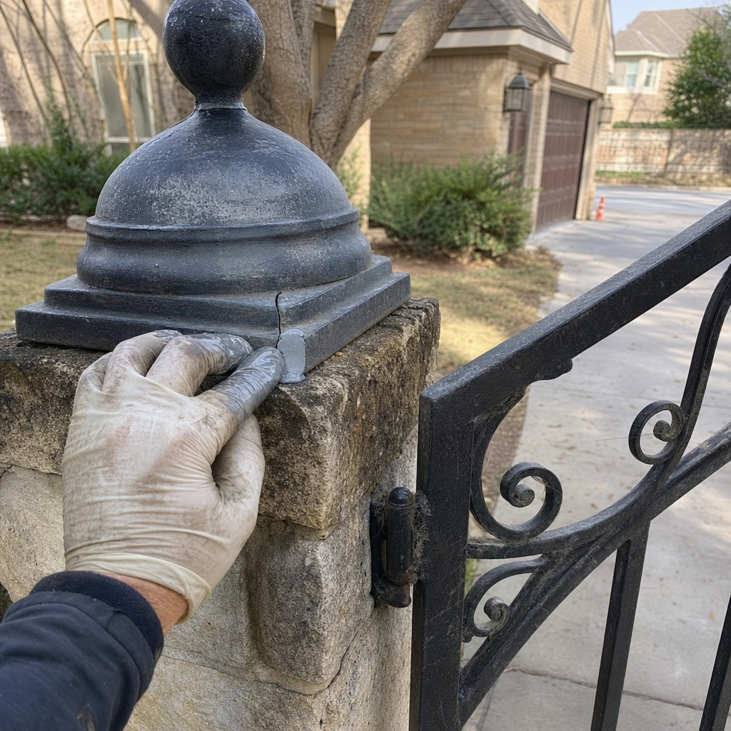 Professional gate repair with sealant on stone pillar