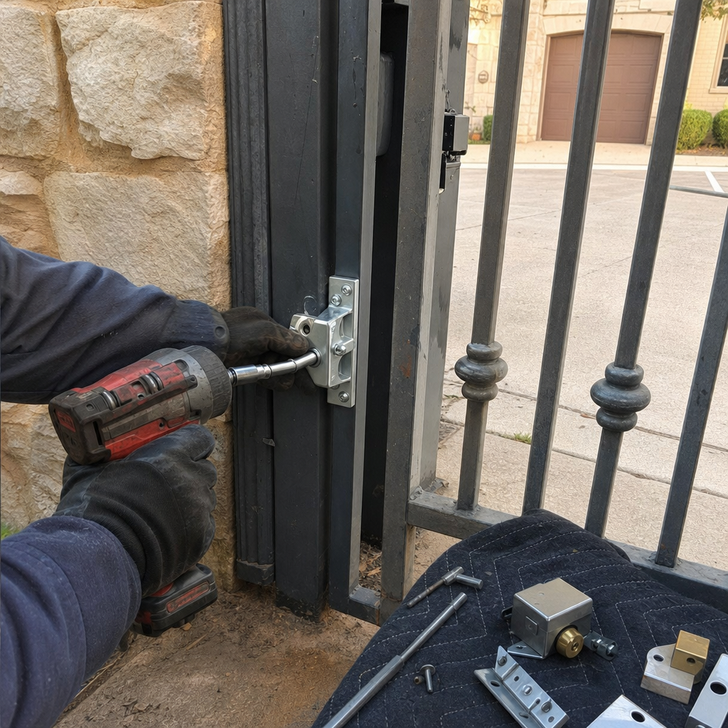 Gate repair professional installing new gate lock mechanism with power drill